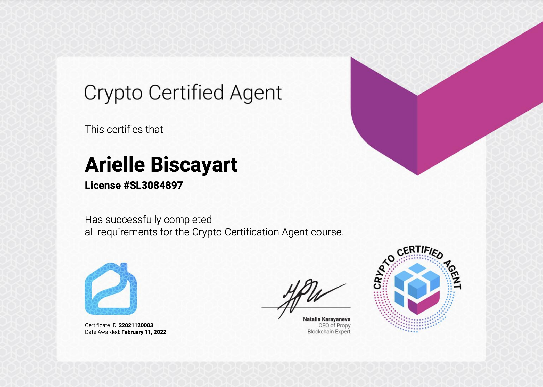 Crypto Certification - Arielle Biscayart
